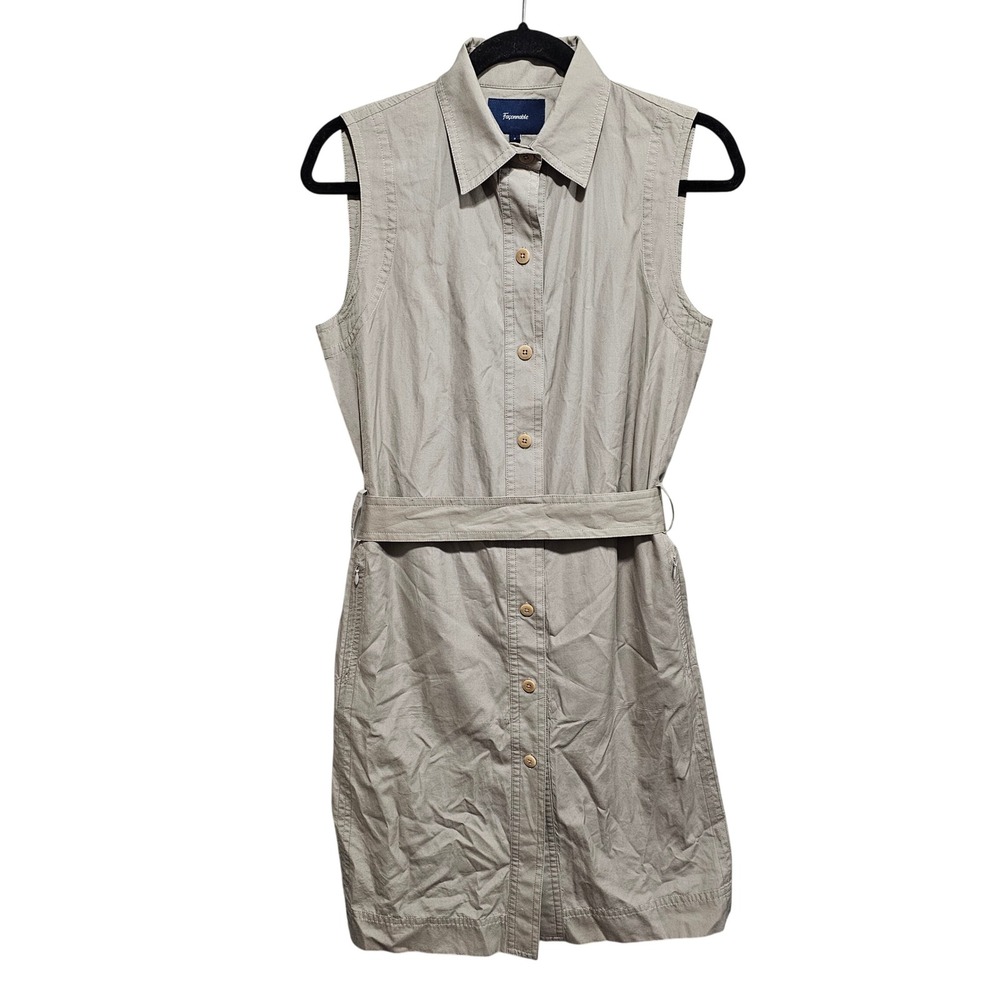 Faconnable Women's Tan Sleeveless Belted Safari Shirt Dress Size 8 100% Cotton